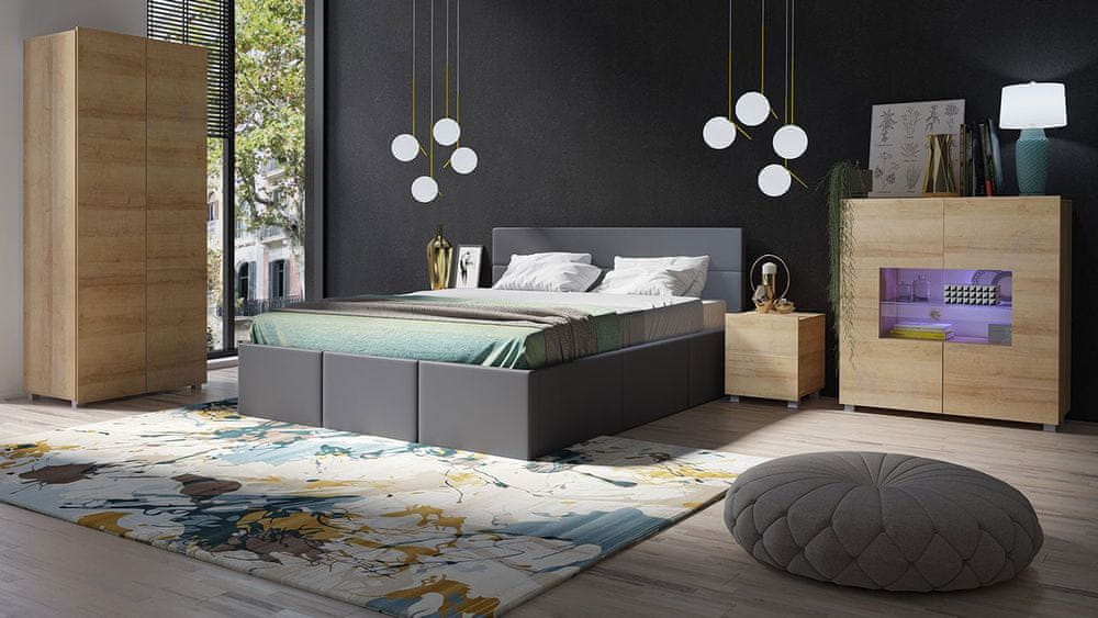 Veneti Spálňová zostava s LED modrým osvetlením a s posteľou 160x200 cm CHEMUNG - dub zlatý / šedá ekokoža